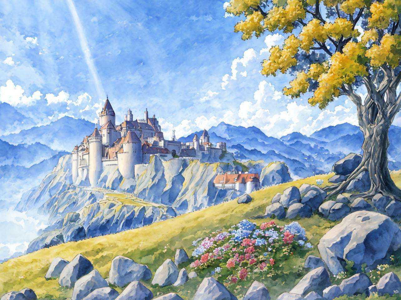 grand landscape,  castle on the hill,  boulders on Tensor.Art