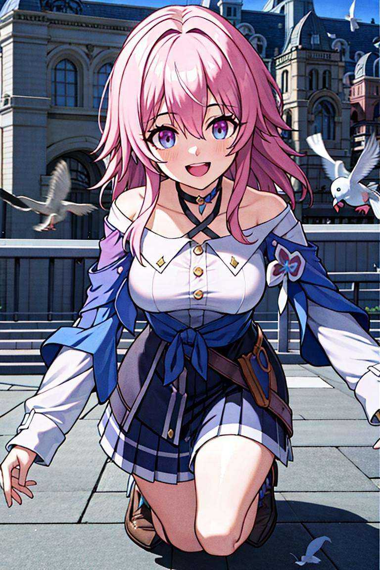<lora:bengtie_3yue7_v1.0:1>,3yue7\(character\),crouch down,open your mouth,laugh,keep an eye on pigeons,pigeons eat on the ground,roadside,sky,building,dove,clouds,feed the pigeons,best quality,masterpiece,illustration,extremely detailed,CG,unity,8k wallpaper,Amazing,finely detail,masterpiece,best quality,official art,extremely detailed CG unity 8k wallpaper,absurdres,incredibly absurdres,ultra-detailed,highres,(pureerosface_v1:0.5),(ulzzang-6500-v1.1:0.5),