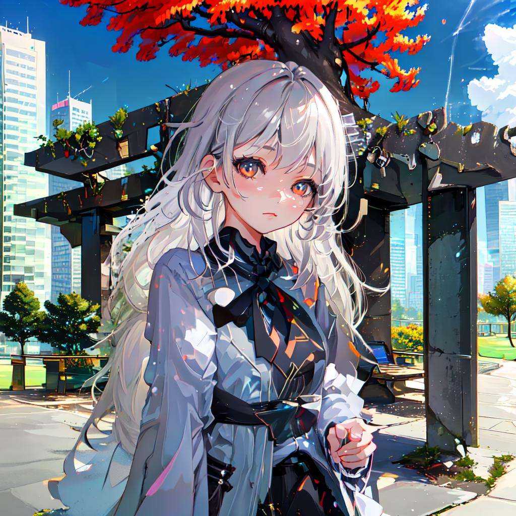 park bench,  cloudy sky,  skyscraper on Tensor.Art