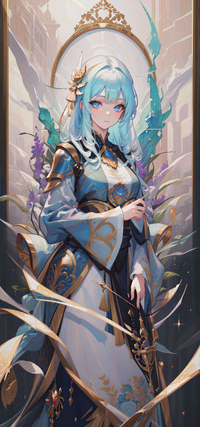 Craft an awe-inspiring visual spectacle featuring a single heroic character adorned in a unique and intricate armor. The a...