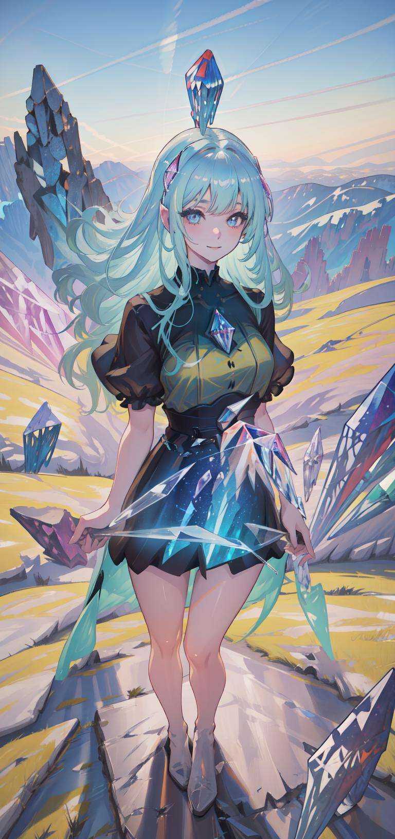 breathtaking scene with a single girl standing on a mountaintop,  surrounded by a vibrant and immersive landscape. The art...