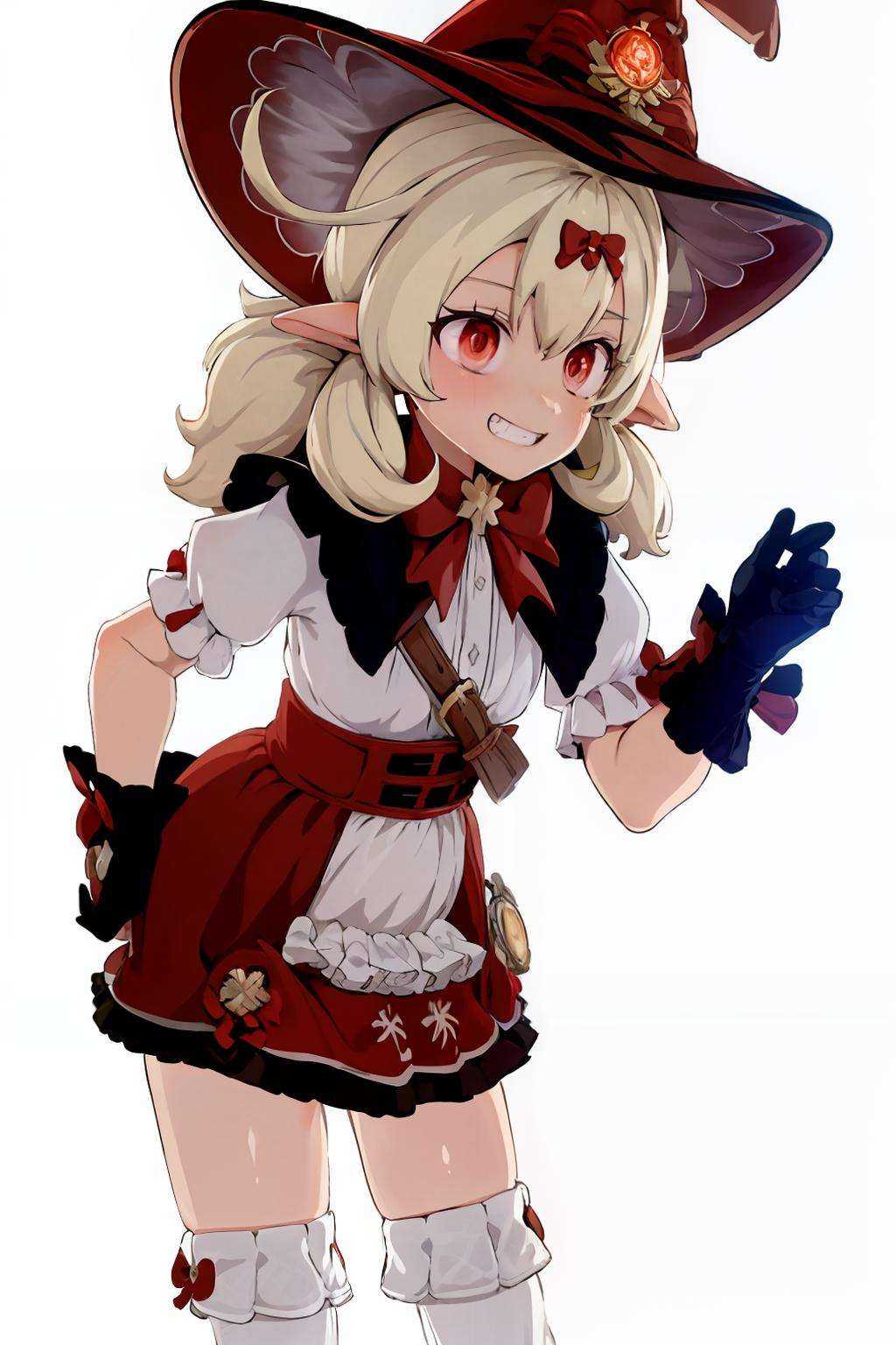 masterpiece, best quality,  <lora:klee-2-000010:1>,1girl,grin,witch hat, red hair bow,vision \(genshin impact\), sidelocks,belt,  <lora:style04:1>,simple background, bent over, 