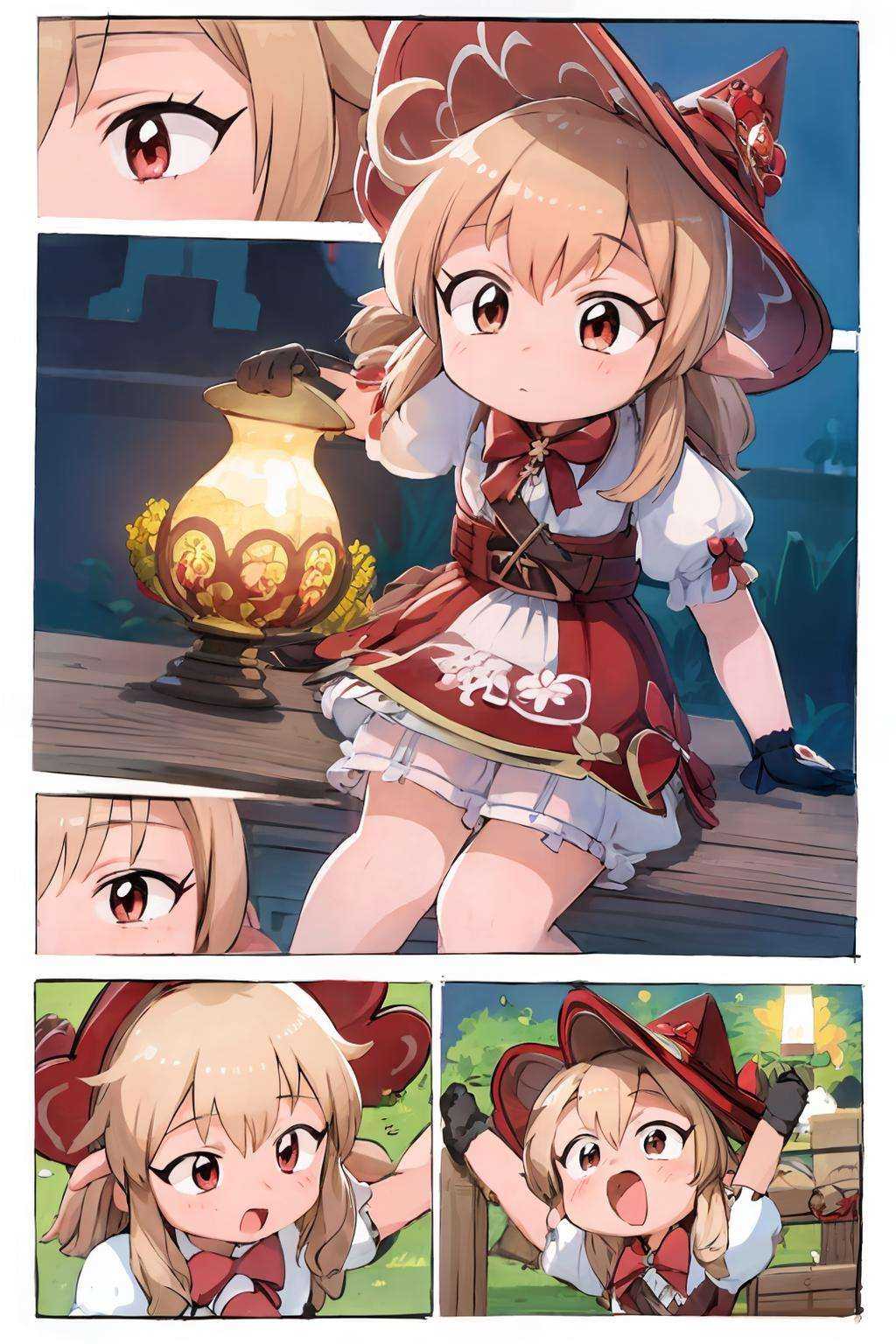 masterpiece, best quality, <lora:klee-ex:1>,  <lora:style05:1>,klee-ex,simple background, (chibi:1.2),multiple girls, multiple views, comic,koma,border, 