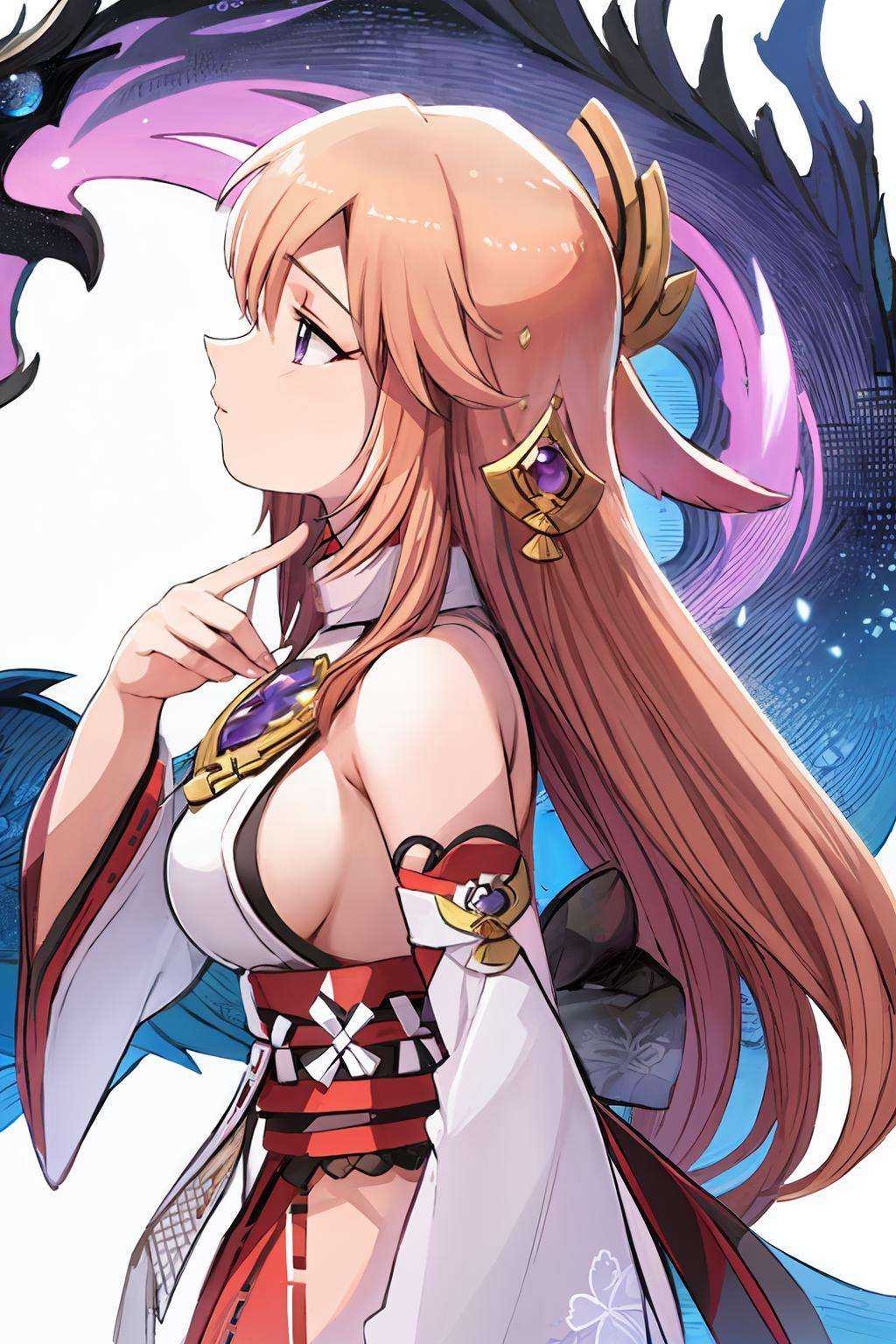 masterpiece, best quality, <lora:yaemiko:1>,1girl,yae miko, pinke hair,long hair,fox ears, hair ornament, earrings, purple eyes,bare shoulders, detached sleeves,wide sleeves, jewelry,sideboob,japanese clothes ,<lora:style05:1>,white background, (chibi:1.3)