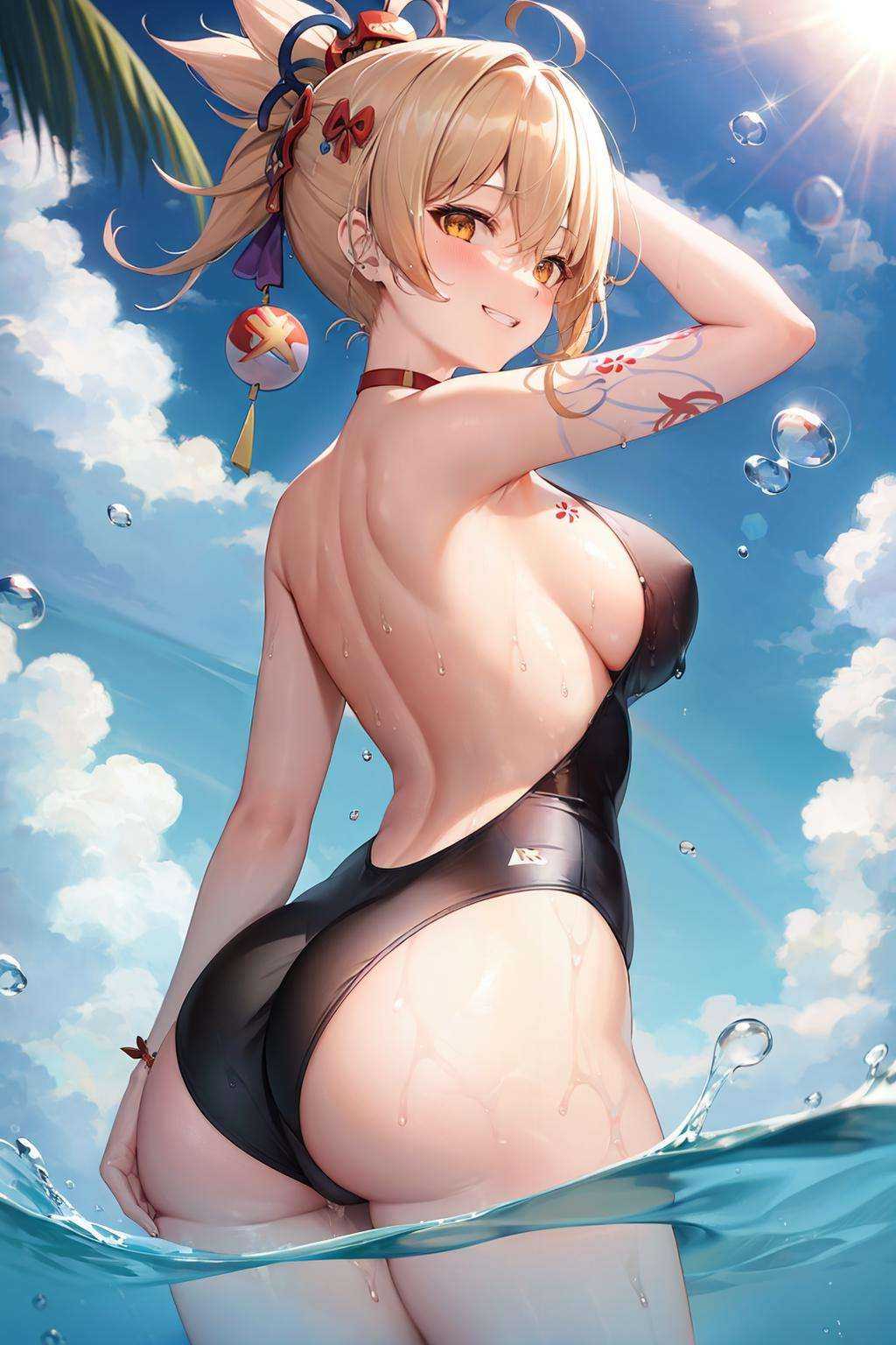 masterpiece, best quality,  <lora:yoimiya:1>,1girl, swimsuit, breasts, ass, solo, yoimiya (genshin impact), one-piece swimsuit, blonde hair, smile, large breasts, looking at viewer, white one-piece swimsuit, sky, tattoo, looking back, thighs, day, grin, blush, outdoors, ponytail, blue sky, bangs, sideboob, water, arm tattoo, hair ornament, cloud, bare shoulders, choker, rainbow, from behind, back, red choker, partially underwater shot, cowboy shot, bare arms, wet, wading, sidelocks, parted lips, orange eyes, sunlight, hair between eyes, yellow eyes, highleg, adjusting swimsuit, standing, long hair, ahoge, adjusting clothes, highleg swimsuit, ocean, ribbon, water drop, bubble, chest tattoo, teeth, bare back, shoulder tattoo
