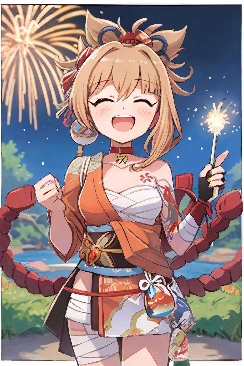 masterpiece, best quality,  <lora:yoimiya:1>,1girl, yoimiya (genshin impact), closed eyes, smile, solo, bandages, japanese clothes, v, fireworks, sarashi, kimono, blonde hair, double v, bandaged leg, gloves, orange kimono, vision (genshin impact), choker, facing viewer, hair ornament, night, sash, sky, fingerless gloves, obi, night sky, bangs, bandaged arm, blush, grin, nail polish, ^_^, ponytail, breasts, rope, tattoo, black gloves, pouch, open mouth, outdoors, cowboy shot, hair between eyes, kinchaku, teeth, single fingerless glove, standing, red nails, shimenawa, hadanugi dousa, chest tattoo, orange nails, red choker, arm tattoo, collarbone, bare shoulders <lora:style05:1>,(chibi:1.2)
