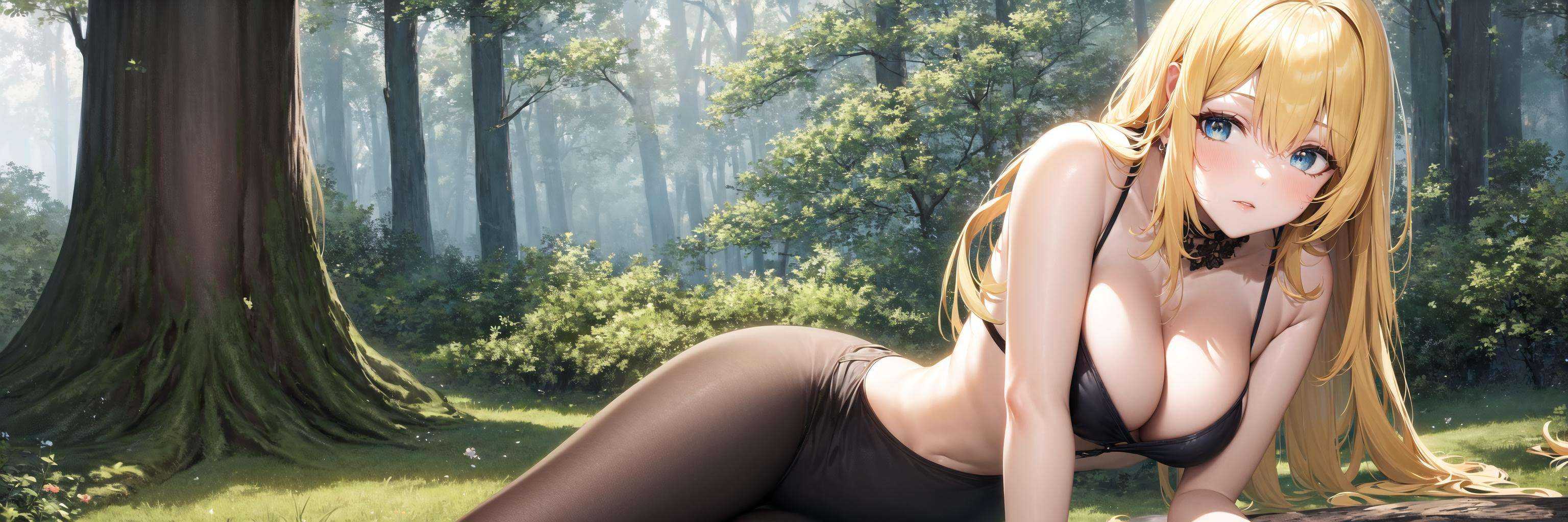 masterpiece, best quality, 1girl, yellow hair, blue eyes, forest