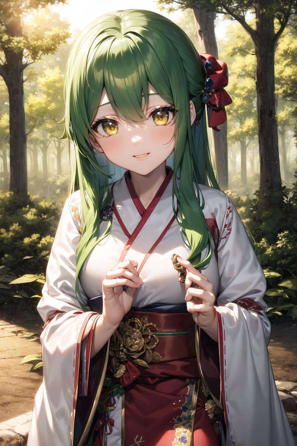 masterpiece, best quality, 1girl, green hair, yellow eyes, furisode, forest
