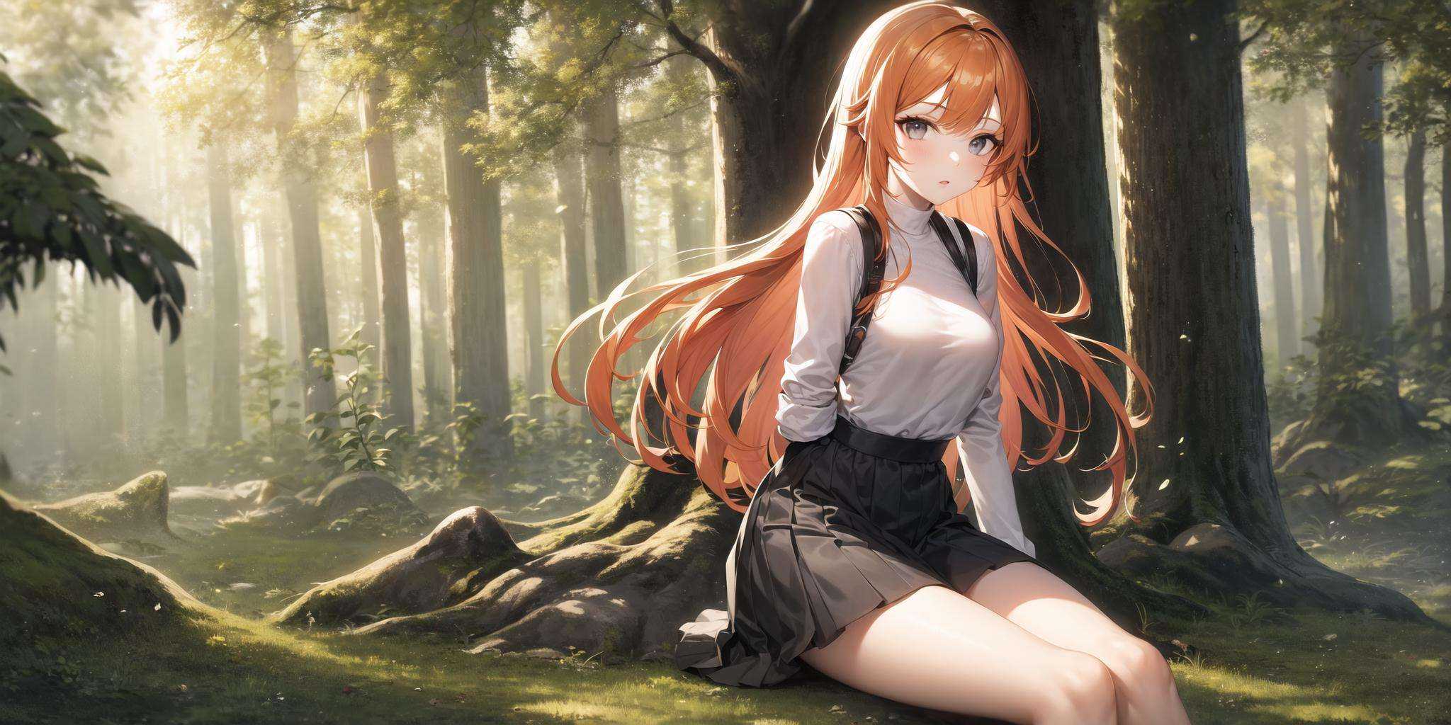 masterpiece, best quality, 1girl, orange hair, grey eyes, forest