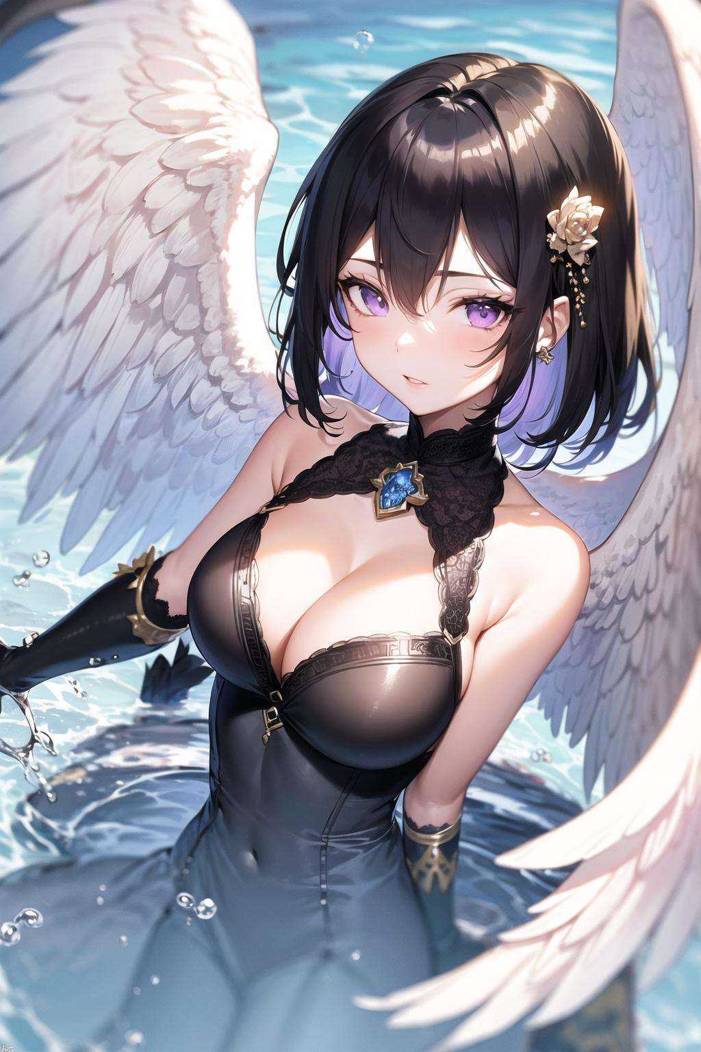 masterpiece, best quality, 1girl, splash art, black hair, purple eyes, dress, angel wings