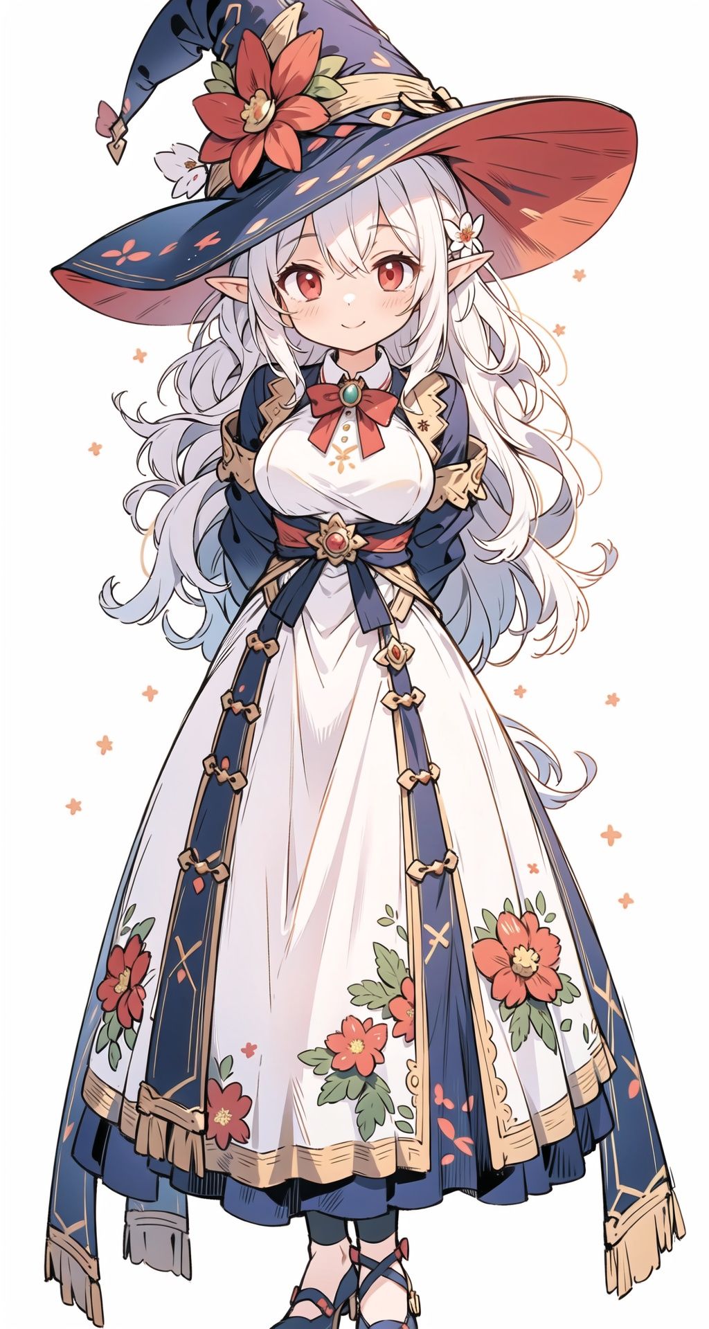 (masterpiece:1.2),(arms behind back:1.2),best quality,game cg,1girl,solo,long hair,white hair,hair ornament,dress,full body,looking at viewer,simple background,red eyes,standing,hair flower,white background,white dress,closed mouth,long sleeves,skirt,wavy hair,blush,large breasts,smile,very long hair,hand up,floral print,witch hat,elf,fairy tale girl,