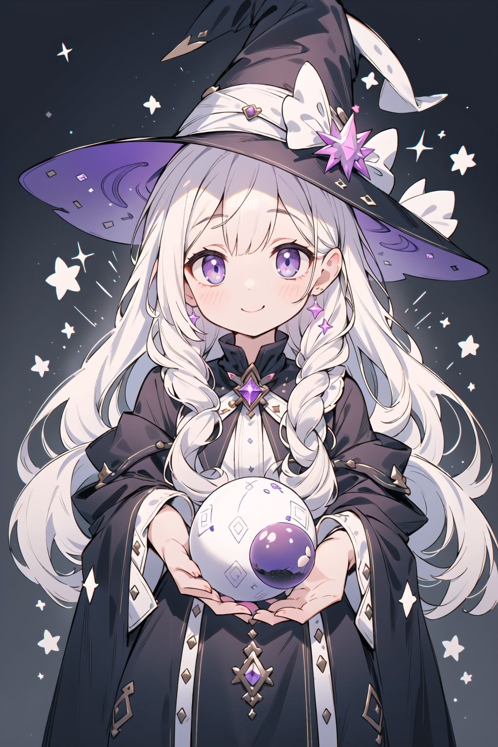 She is a cute magician girl, with a head of soft purple long hair, paired with a black pointed hat. Her eyes are deep purple, shining with curiosity and wisdom. She has two small dimples on her cheeks, which make her look very cute when she smiles. She wears a black robe, embroidered with various mysterious symbols and patterns. She holds a white wand in her hand, and there is a purple crystal ball at the top of the wand, which flickers with magic. She is a kind and brave magician girl, who always uses her magic to bring happiness and joy to people.