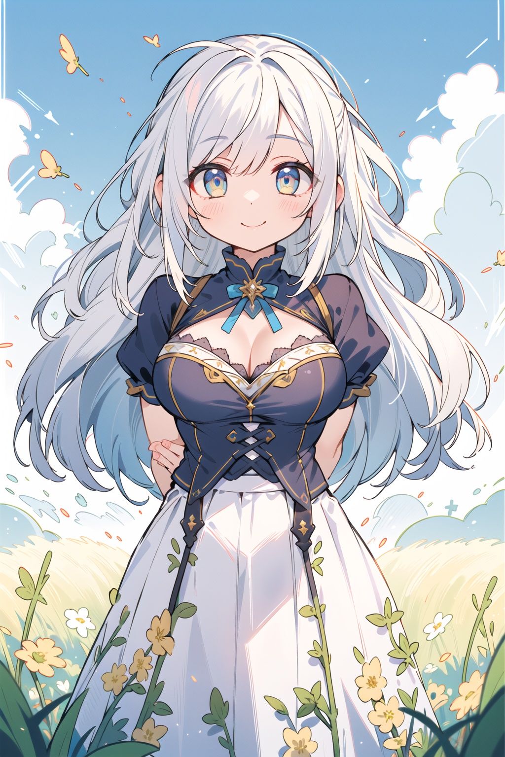 (masterpiece, best quality, high quality, highres, ultra-detailed),(arms  behind  back:1.2),(detailed beautiful eyes:1.3),swept bangs,silver hair,white skirt,yellow eyes,big breasts,field,sun,cloud,smile,blush,fantasy clothes,gothic,cleavage,(looking at viewer:1.2),bow,