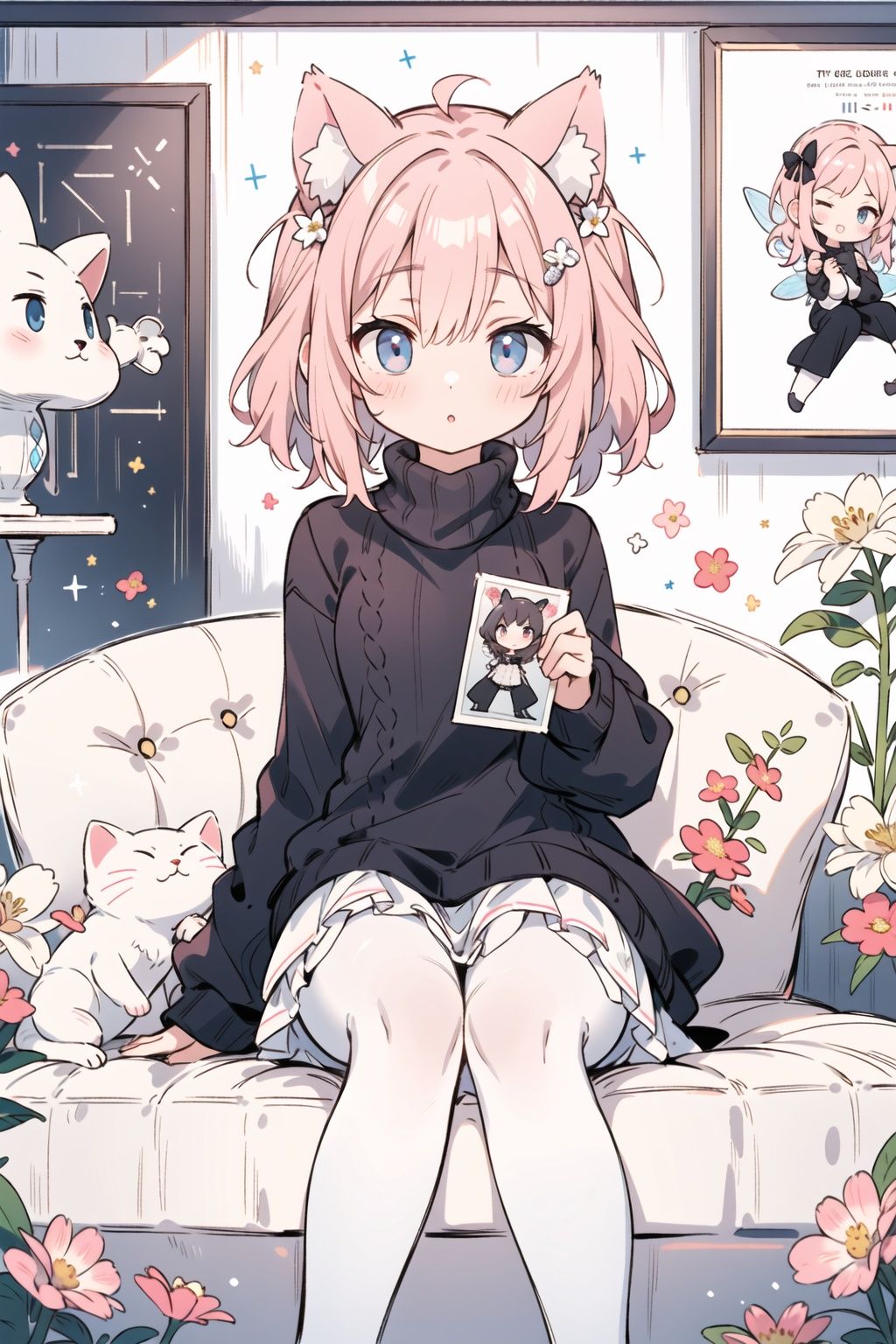 Masterpiece,best quality,(sense of design),poster ((poster design)) (front) room,window,girl sitting on sofa,short pink hair,a pair of fluffy cat ears,black sweater,white pantyhose,fairy tale girl,flower,