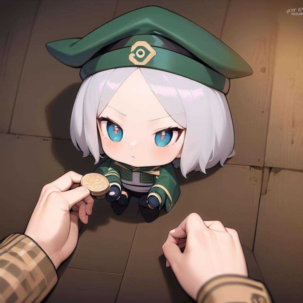 masterpiece, best quality, godoacrime, from above, chibi, pov, holding coin, (otto:1.4), 1boy, green hat <lora:GoDoACrime meme:1> <lora:Rezero World_204380:1>