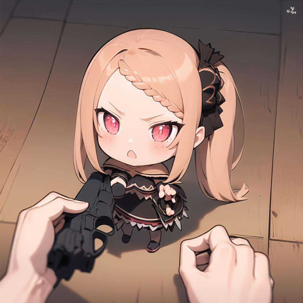 masterpiece, best quality, godoacrime, from above, chibi, pov, holding gun, (priscilla:1.15) <lora:GoDoACrime meme:1> <lora:Rezero World_204380:1>