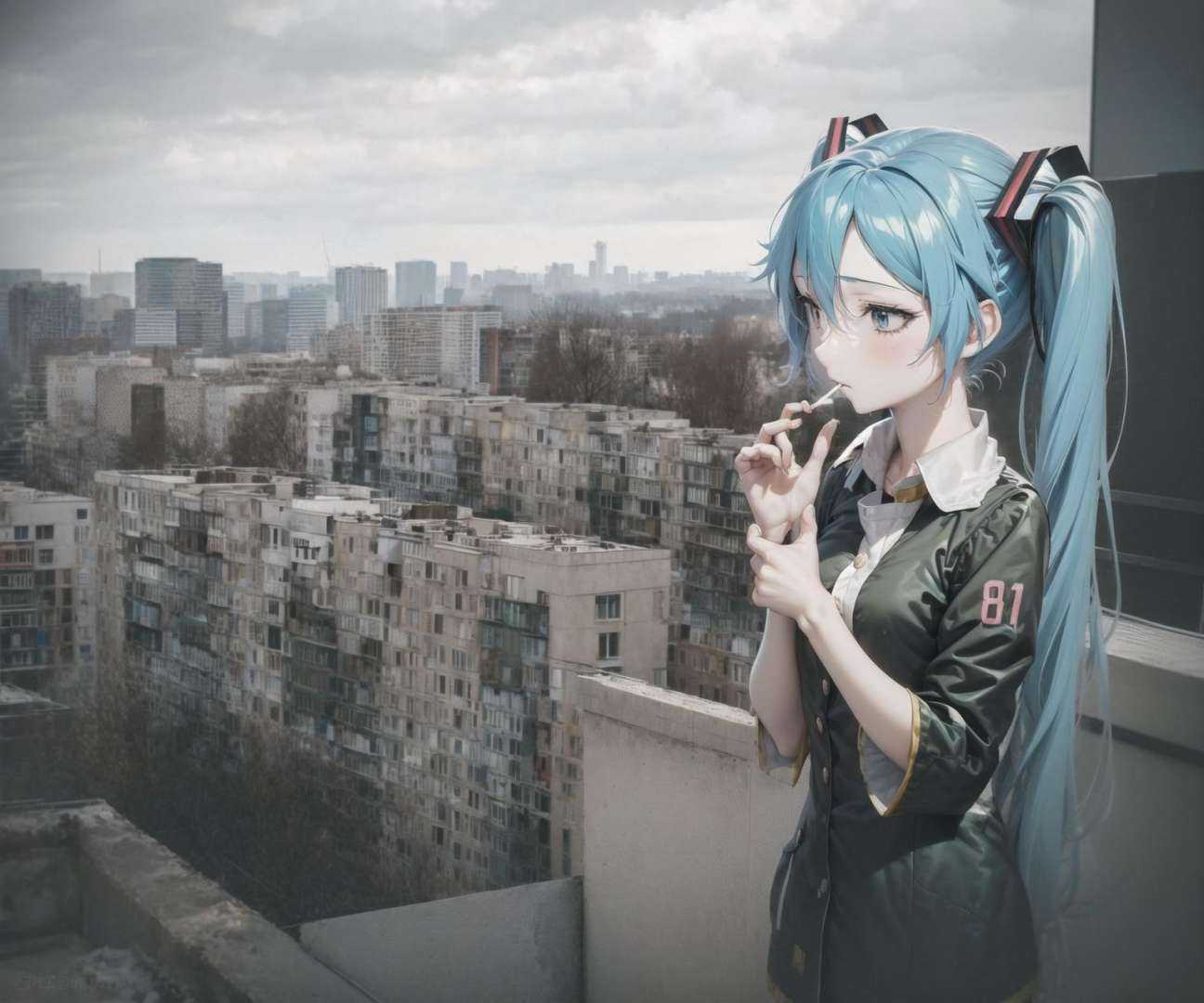 (anime irl:1.3), 1girl, miku, window, rain, building, village, smoking, cigarette <lora:Anime IRL Russia_633570:1.25> <lora:Hatsune Miku_558094:1>