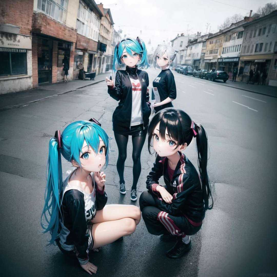 (anime irl:1.3), 3girls, miku, multiple girls, adidas, black tracksuit, striped, squatting, from above, street, from side<lora:Anime IRL Russia_633570:1.25> <lora:Hatsune Miku_558094:1>