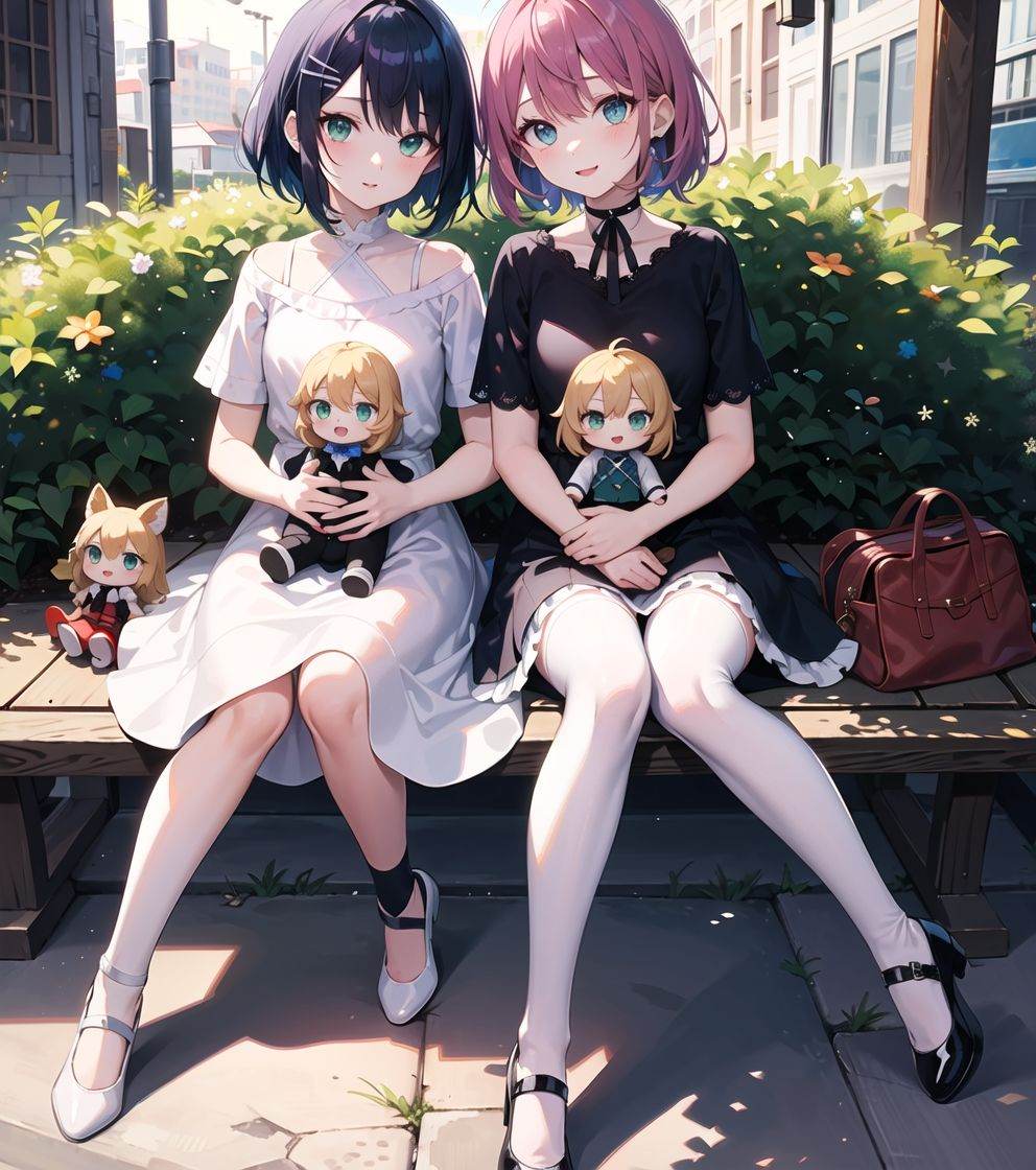 1 loli + short purple hair + detailed eyes and nose + cute + lens halo + dress + Mary Jane shoes + white stockings + deep green eyes + holding a doll + street + (dusk: 1.3), masterpiece, best quality