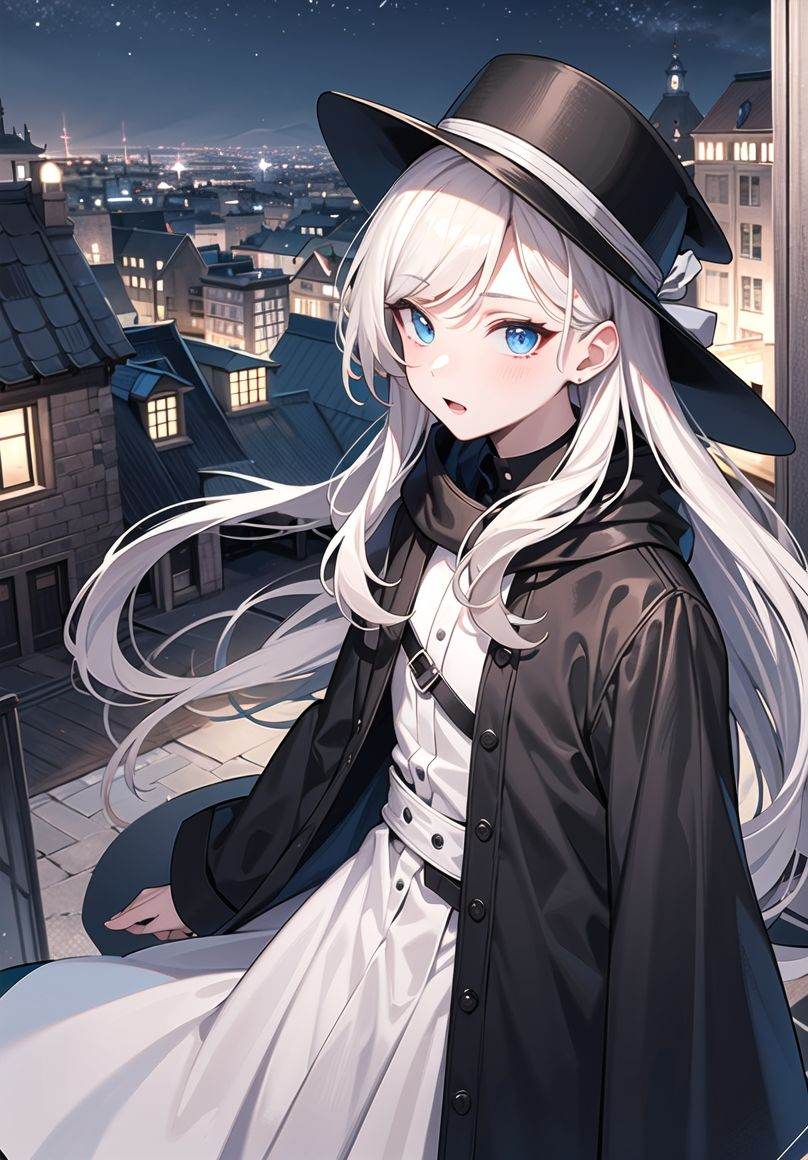 1 handsome boy + detailed eyes and nose + deep blue eyes + black clothes + black hat + cloak + building roof + night + overlooking the city, masterpiece, best quality