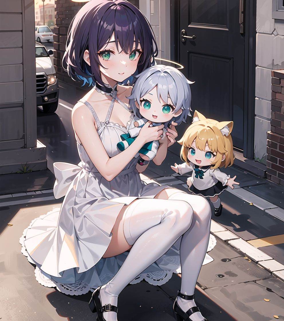 1 loli + short purple hair + detailed eyes and nose + cute + lens halo + dress + Mary Jane shoes + white stockings + deep green eyes + holding a doll + street + (dusk: 1.3), masterpiece, best quality