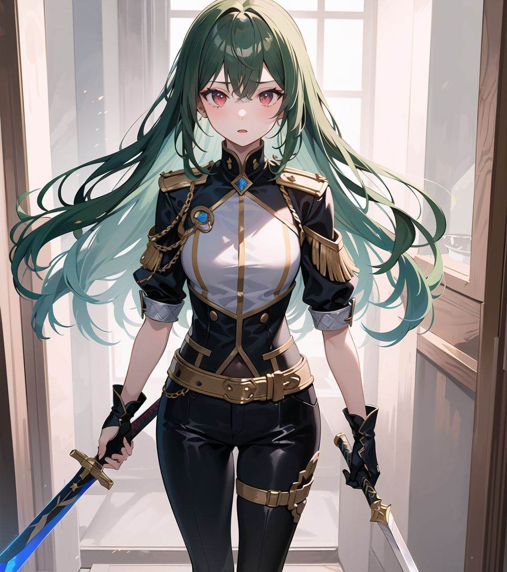 (Standing painting: 1.2) + (1girl:1.5)+ green hair + princess cut + knight uniform + detailed eyes and nose + deep red eyes + draw sword + battle uniform + domineering, masterpiece, best quality