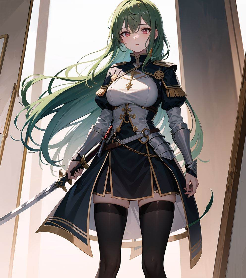 (Standing painting: 1.2) + 1 girl + green hair + princess cut + knight uniform + detailed eyes and nose + deep red eyes + draw sword + battle uniform + domineering, masterpiece, best quality