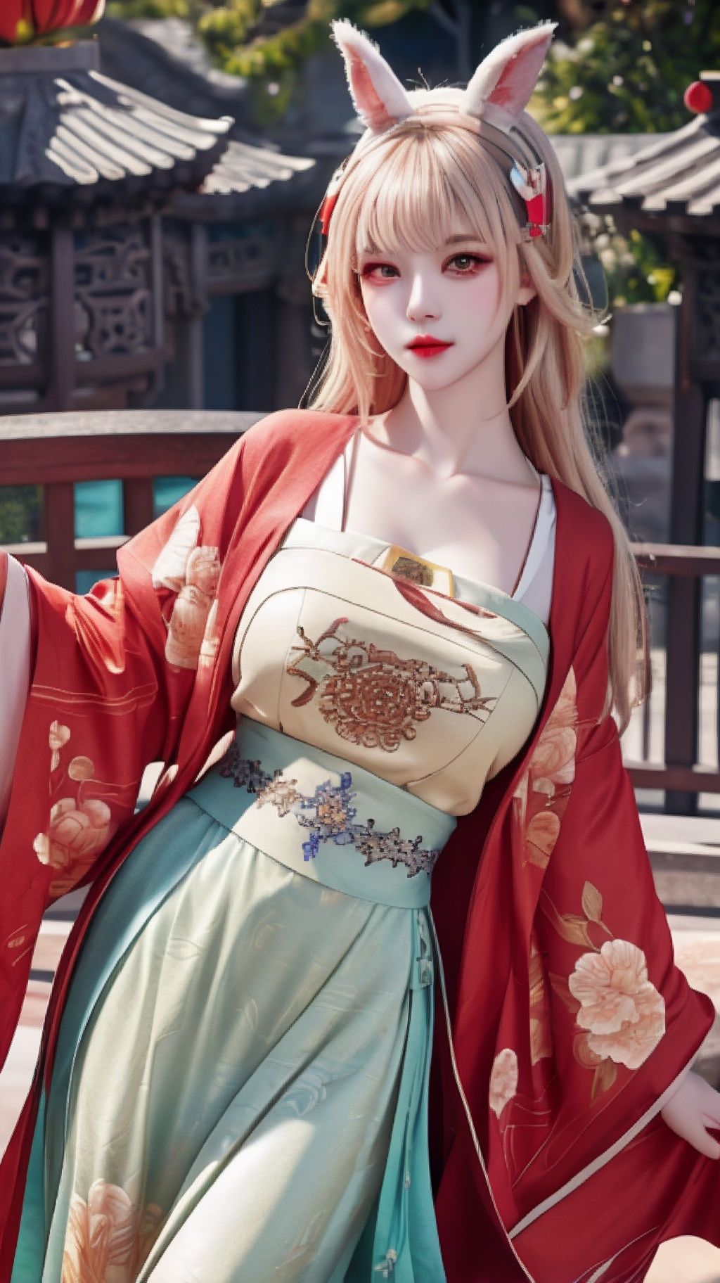 (raw photo:1.2),((photorealistic:1.4))best quality ,masterpiece, illustration, an extremely delicate and beautiful, extremely detailed ,CG ,unity,8k wallpaper, Amazing, finely detail, masterpiece,best quality,official art,extremely detailed CG unity 8k wallpaper,absurdres, incredibly absurdres, huge filesize, ultra-detailed, highres, extremely detailed,beautiful detailed girl, extremely detailed eyes and face, beautiful detailed eyes,light on face,cinematic lighting,1girl,see-through,looking at viewer,outdoors, animal_ears,red_eyes, hair_ornament, floral_print, print_dress,chinese clothes, standing,