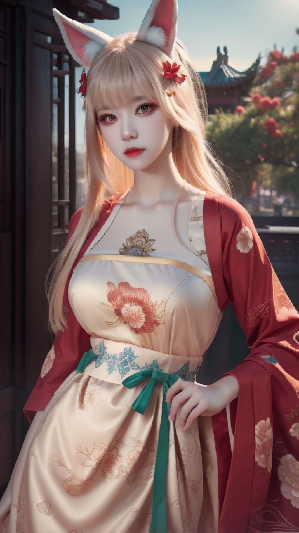 (raw photo:1.2),((photorealistic:1.4))best quality ,masterpiece, illustration, an extremely delicate and beautiful, extremely detailed ,CG ,unity,8k wallpaper, Amazing, finely detail, masterpiece,best quality,official art,extremely detailed CG unity 8k wallpaper,absurdres, incredibly absurdres, huge filesize, ultra-detailed, highres, extremely detailed,beautiful detailed girl, extremely detailed eyes and face, beautiful detailed eyes,light on face,cinematic lighting,1girl,see-through,looking at viewer,outdoors, animal_ears,red_eyes, hair_ornament, floral_print, print_dress,chinese clothes, standing,