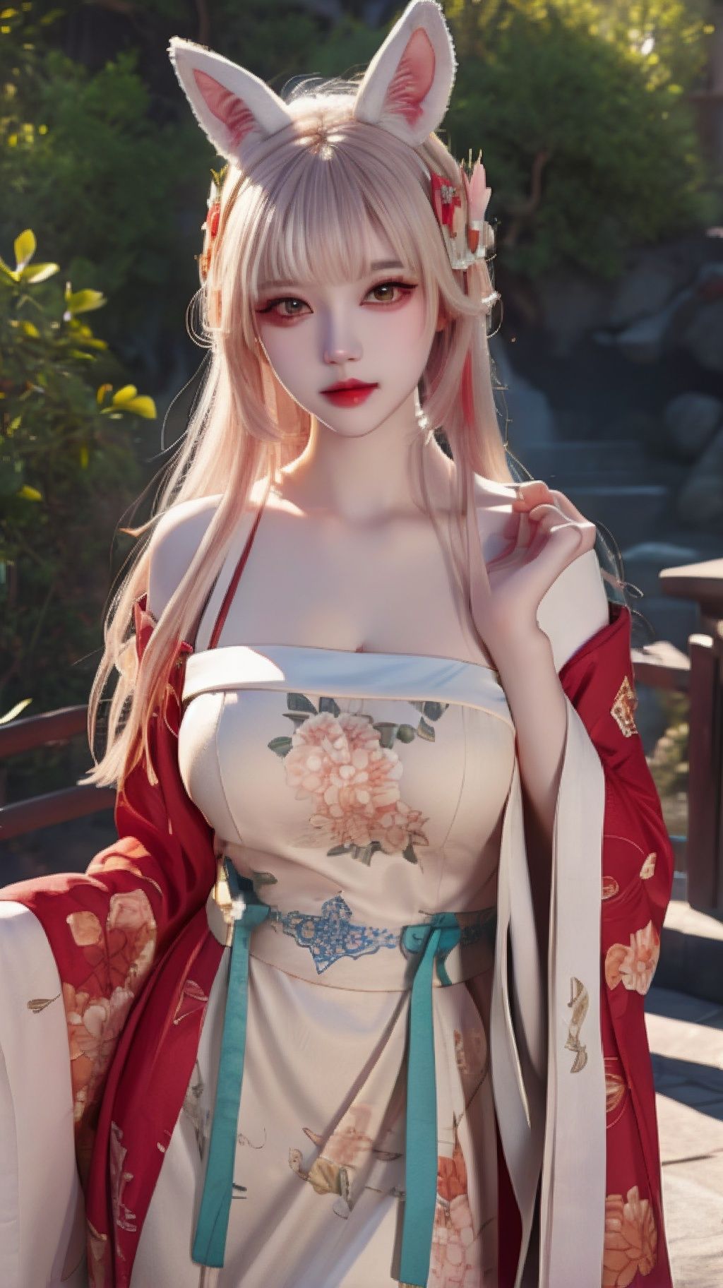 (raw photo:1.2),((photorealistic:1.4))best quality ,masterpiece, illustration, an extremely delicate and beautiful, extremely detailed ,CG ,unity,8k wallpaper, Amazing, finely detail, masterpiece,best quality,official art,extremely detailed CG unity 8k wallpaper,absurdres, incredibly absurdres, huge filesize, ultra-detailed, highres, extremely detailed,beautiful detailed girl, extremely detailed eyes and face, beautiful detailed eyes,light on face,cinematic lighting,1girl,see-through,looking at viewer,outdoors, animal_ears,red_eyes, hair_ornament, floral_print, print_dress,chinese clothes, standing,