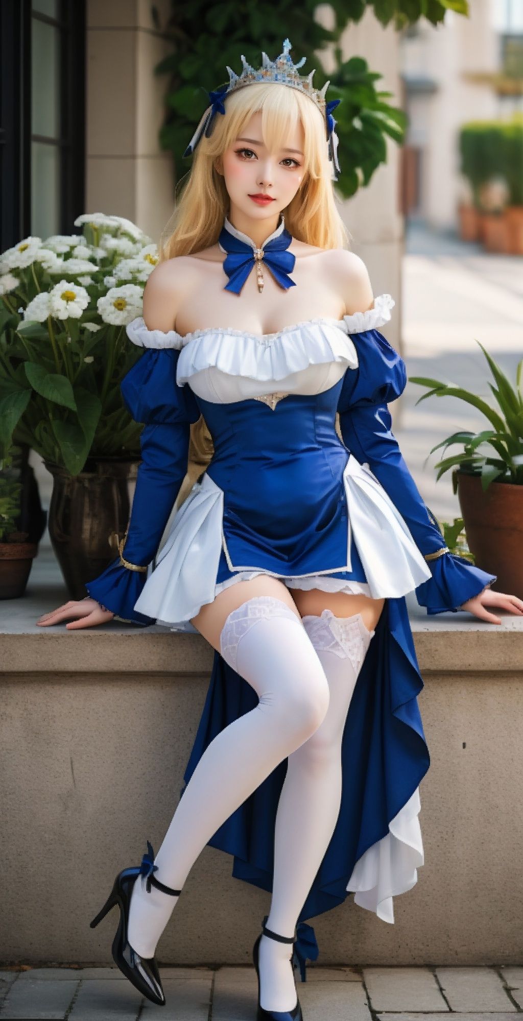 (raw photo:1.2),((photorealistic:1.4))best quality ,masterpiece, illustration, an extremely delicate and beautiful, extremely detailed ,CG ,unity,8k 1girl, blonde hair, thighhighs, solo, high heels, long hair, white thighhighs, dress, detached sleeves, black footwear, plant, looking at viewer, official alternate costume, blue dress,  bare shoulders, sitting, bangs, breasts,  blurry, bow, blurry background, puffy sleeves, knee up, long sleeves, tiara, potted plant