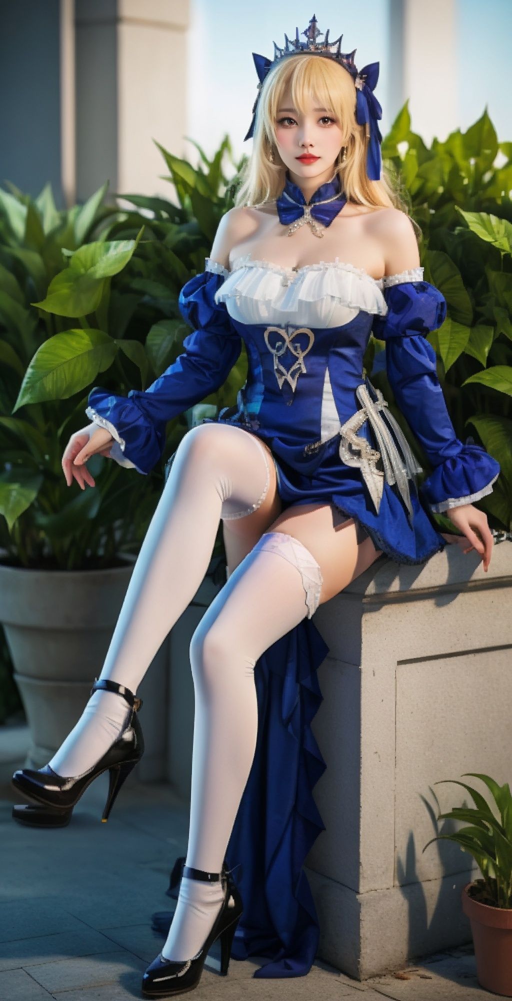 (raw photo:1.2),((photorealistic:1.4))best quality ,masterpiece, illustration, an extremely delicate and beautiful, extremely detailed ,CG ,unity,8k 1girl, blonde hair, thighhighs, solo, high heels, long hair, white thighhighs, dress, detached sleeves, black footwear, plant, looking at viewer, official alternate costume, blue dress,  bare shoulders, sitting, bangs, breasts,  blurry, bow, blurry background, puffy sleeves, knee up, long sleeves, tiara, potted plant