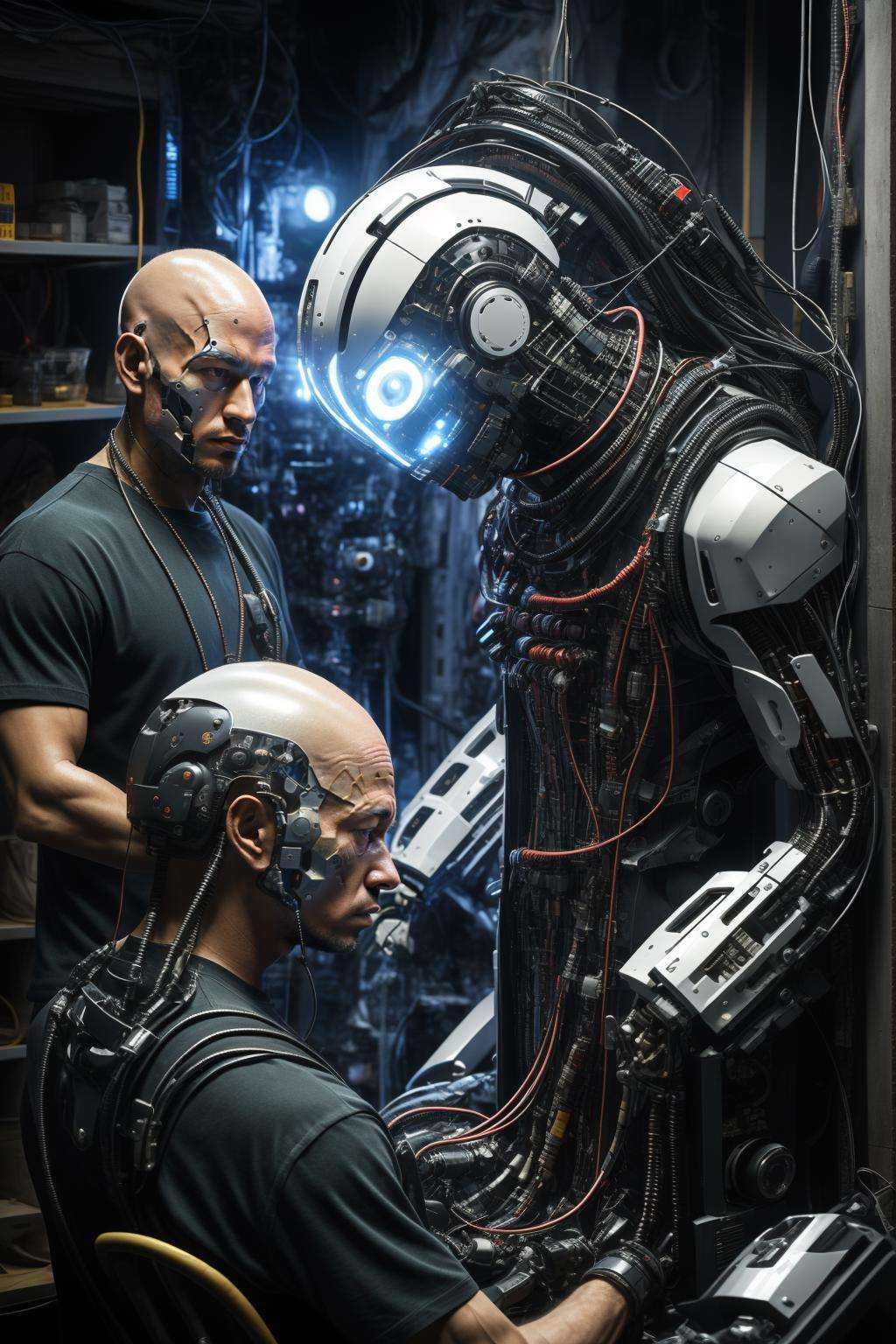 ((masterpiece)), ((best quality)), 8k, high detailed, ultra-detailed,xs-wasteland-style,  realistic, multiple boys, science fiction, robot, chinese architecture, cable, bald, cyberpunk, hat,  <lora:waste:0.7>