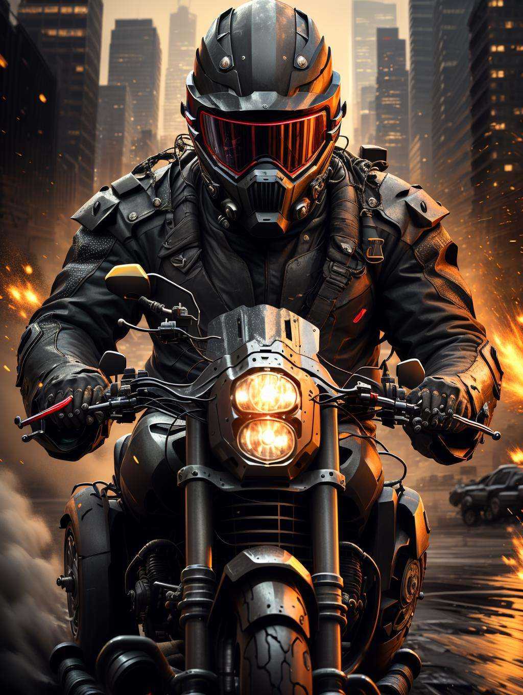 ((masterpiece)), ((best quality)), 8k, high detailed, ultra-detailed,xs-wasteland-style, ground vehicle, motor vehicle, motorcycle, 1boy, male focus, solo, city, helmet, building, sparks,<lora:waste:0.7>