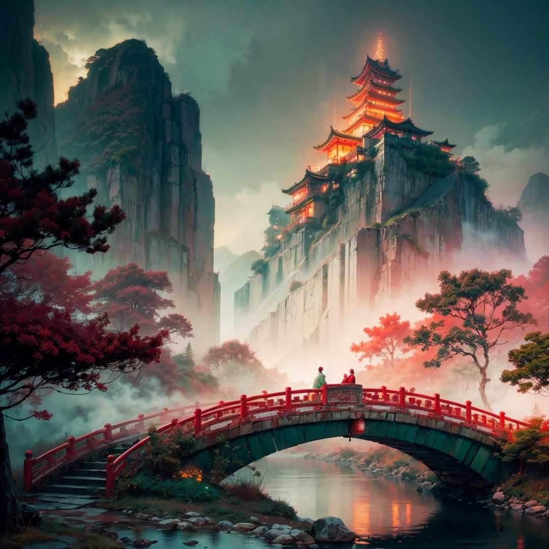Cityscape,  Japanese and Chinese inspiration,  mountain bridge on Tensor.Art
