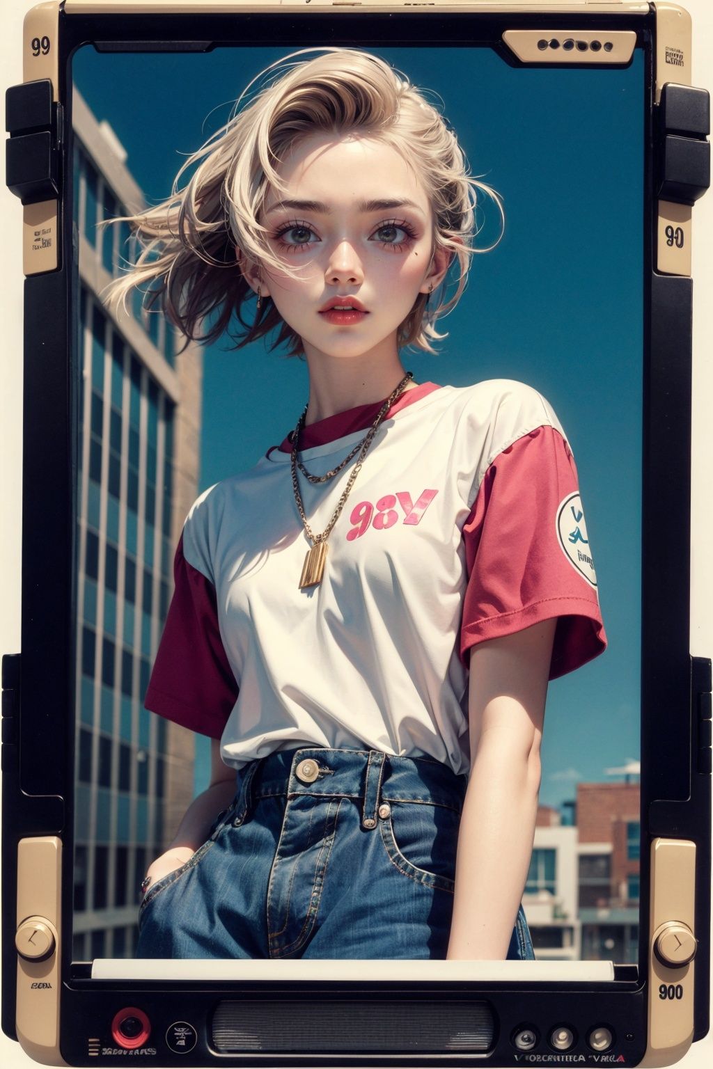 kooky portraits of 90’s mall teens in retro clothing,  shot on VHS on Tensor.Art