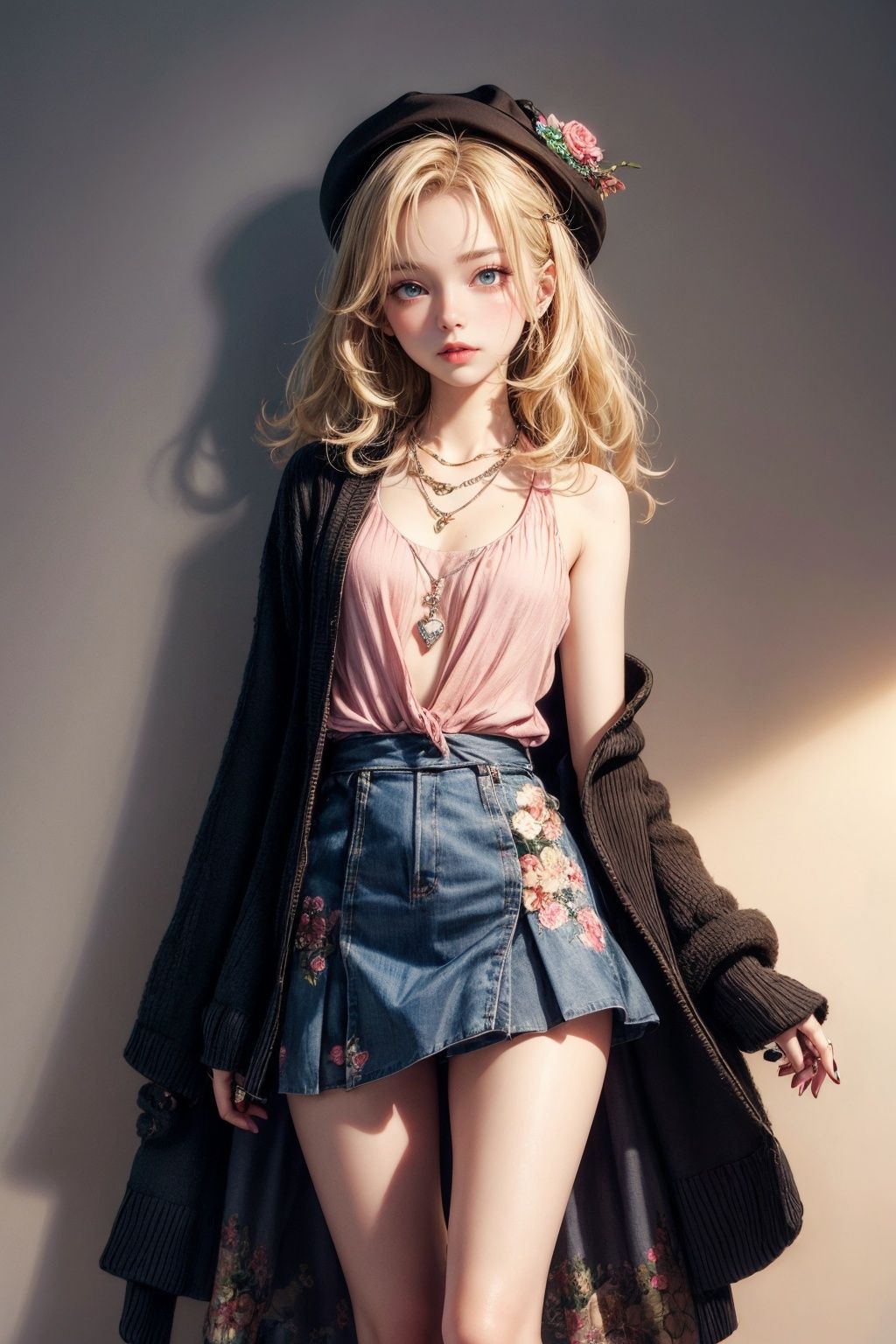 She has medium-length,  curly blonde hair that she often hides behind her ears or under a hat. Her eyes are blue,  with a...