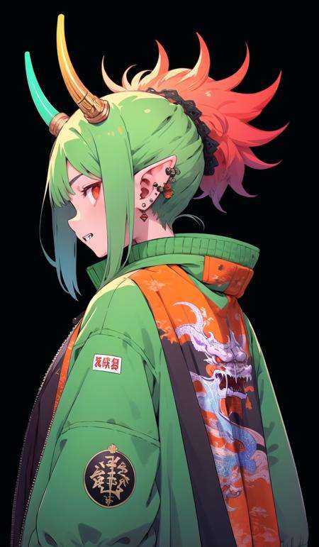 oniNFT, horns, jewelry, earrings, dragon, solo, black background, eastern dragon, jacket, upper body, multicolored hair, simple background, pointy ears, from behind, purple jacket, ear piercing, red hair, 1girl, white hair, teeth, long hair  <lora:oniNFT-block:1>