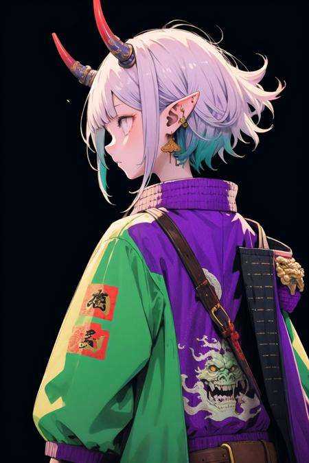 oniNFT, horns, jewelry, earrings, dragon, solo, black background, eastern dragon, jacket, upper body, multicolored hair, simple background, pointy ears, from behind, purple jacket, ear piercing, red hair, 1girl, white hair, teeth, long hair <lora:oniNFT-block:1>