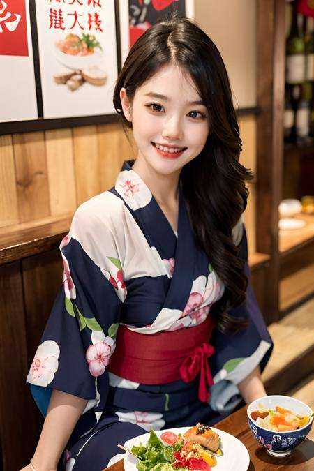<lora:riliao_20230712031113-000002:0.7>,riliao,1girl,(happy,grin,teeth),8K raw photo,Best quality,masterpiece,ultra high res,upper body,food and  alcohol,plate,poster \(object\),table,restaurant,hair over shoulder,red lips,wooden table,sitting,looking at viewer,(yukata:1.2),hairpin,