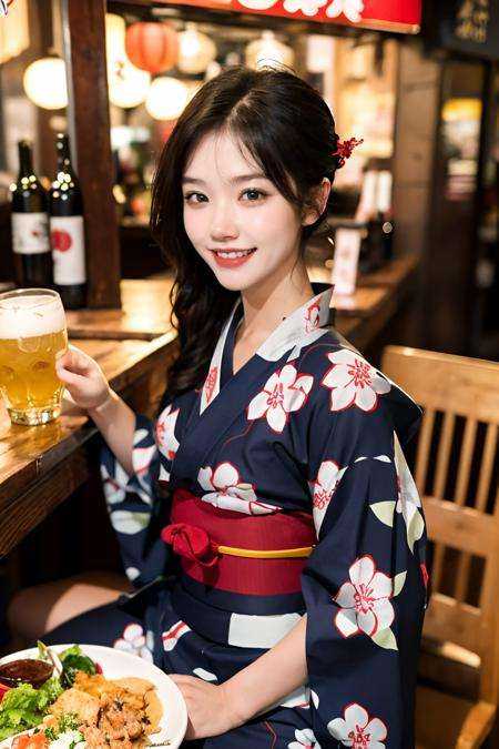 <lora:riliao_20230712031113-000002:0.7>,riliao,1girl,(happy,grin,teeth),8K raw photo,Best quality,masterpiece,ultra high res,upper body,food and  alcohol,plate,poster \(object\),table,restaurant,hair over shoulder,red lips,wooden table,sitting,looking at viewer,(yukata:1.2),hairpin,