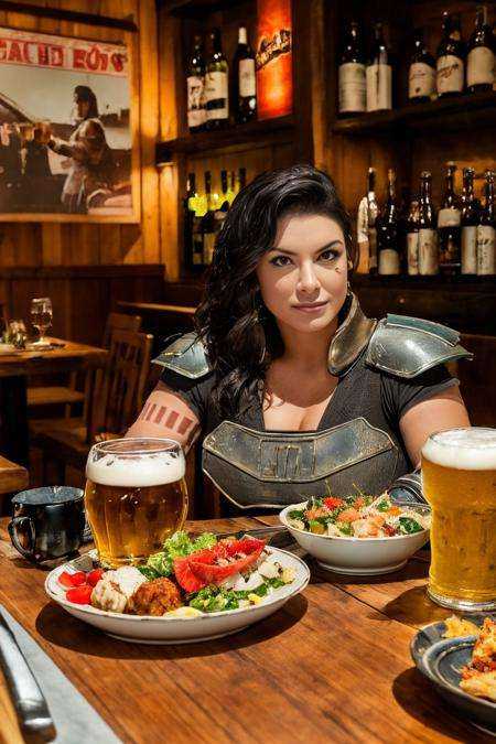 <lora:?Muggle Lora?Japanese restaurant???:1>,riliao,1girl, 8K raw photo, Best quality, masterpiece, ultra high res, upper body,food and  alcohol,,plate, poster \(object\), table, restaurant, hair over shoulder, red lips, wooden table, sitting,(topless:1.6)