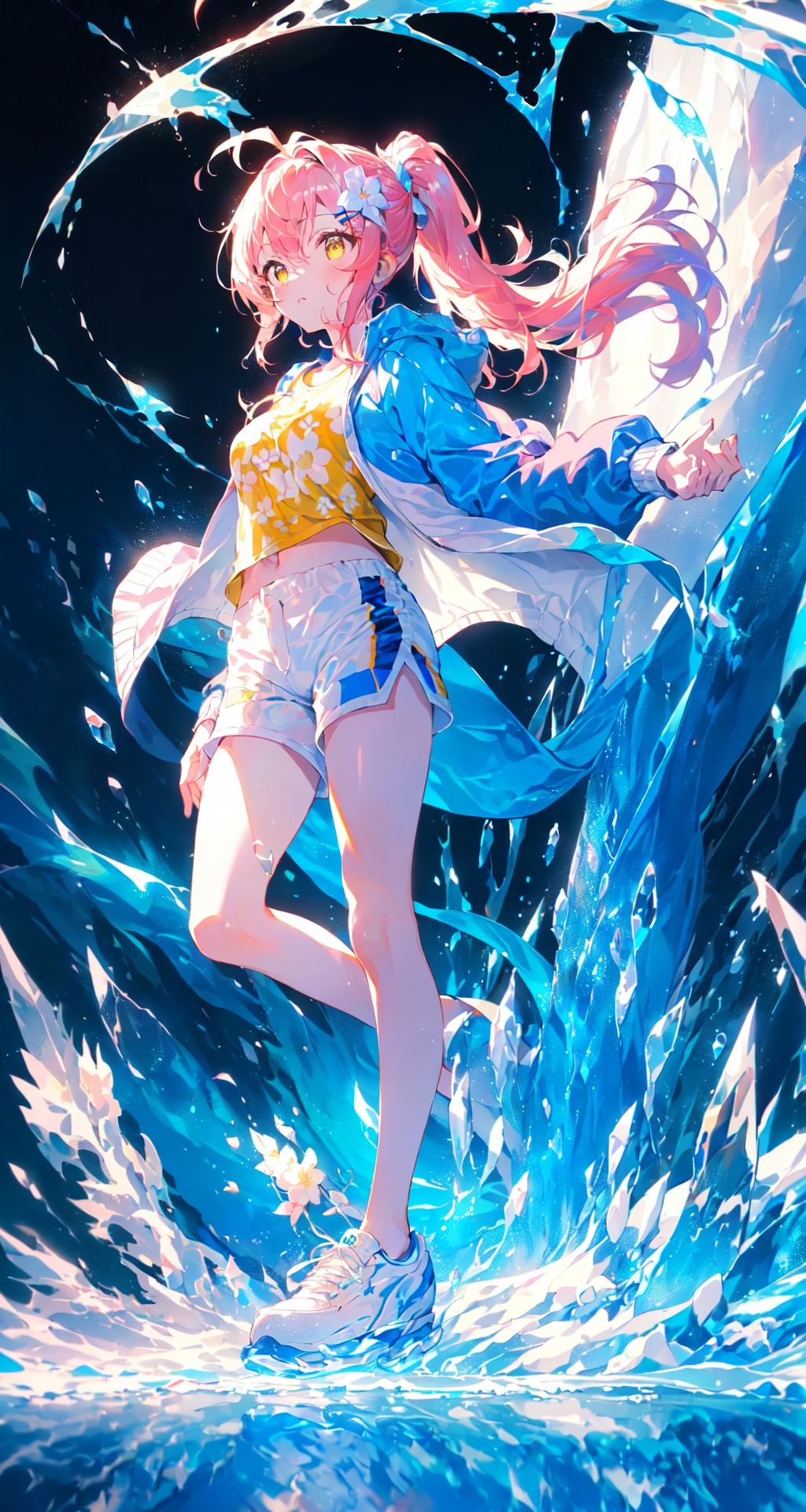 [(white background:1.4)::10], [(blue gradient background:1.4):5]++,standing,full body,dynamic pose,+++(light spot:1.2),(water flow:1.2),(ice:1.2),(detailed water:1.2),(detailed ice:1.2),(smoke:1.2),(wind blowing through,(pretty ice:1.2),(pretty water flow:1.2),(reflected light:1.2),(phantom:1.2),(magic array:1.2),(Volumetric light)++/*/*/*/*/++ray tracing,Reflected light,(very Brilliant brilliance),(very detailed light),(Beautiful Lighting)+++,white flower,,+++++++masterpiece,loli,(petite:1.4),medium breast,(panorama:1.2),sneakers,caustics,best quality,beautiful detailed eyes,(pink hair),high ponytail,wavy hair,disheveled hair, messy hair, long bangs, hairs between eyes, extremely detailed, floating hair,highleg,(white shorts:1.2),solo, best quality, masterpiece, highres, original, extremely detailed wallpaper,{an extremely delicate and beautiful}++++loose clothes,(white t-shirt:1.4)+++++(blue open jacket:1.2),+++++,hairclip+/*/*/*++(floral print:1.2)+/*/*/*+++(yellow eyes:1.2), {beautiful eyes},solo,