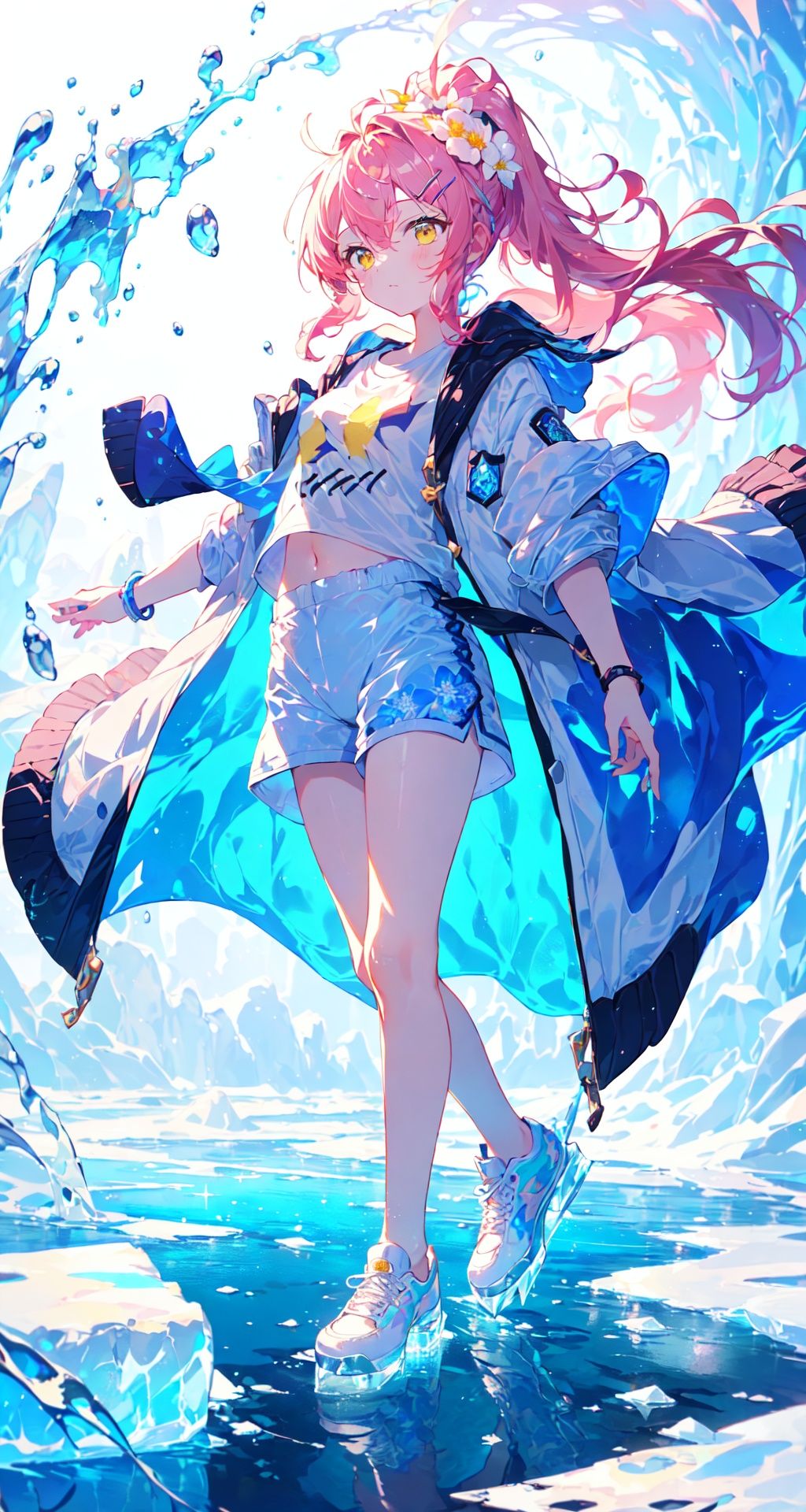 [(white background:1.4)::10], [(blue gradient background:1.4):5]++,standing,full body,dynamic pose,+++(light spot:1.2),(water flow:1.2),(ice:1.2),(detailed water:1.2),(detailed ice:1.2),(smoke:1.2),(wind blowing through,(pretty ice:1.2),(pretty water flow:1.2),(reflected light:1.2),(phantom:1.2),(magic array:1.2),(Volumetric light)++/*/*/*/*/++ray tracing,Reflected light,(very Brilliant brilliance),(very detailed light),(Beautiful Lighting)+++,white flower,,+++++++masterpiece,loli,(petite:1.4),medium breast,(panorama:1.2),sneakers,caustics,best quality,beautiful detailed eyes,(pink hair),high ponytail,wavy hair,disheveled hair, messy hair, long bangs, hairs between eyes, extremely detailed, floating hair,highleg,(white shorts:1.2),solo, best quality, masterpiece, highres, original, extremely detailed wallpaper,{an extremely delicate and beautiful}++++loose clothes,(white t-shirt:1.4)+++++(blue open jacket:1.2),+++++,hairclip+/*/*/*++(floral print:1.2)+/*/*/*+++(yellow eyes:1.2), {beautiful eyes},solo,