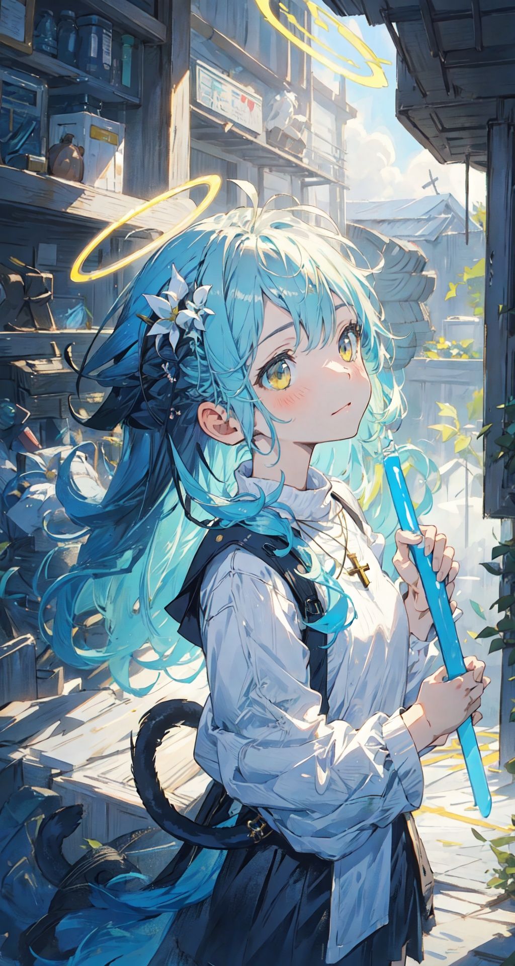((masterpiece, best quality)),wariza,1girl,solo,cuty face,Beautiful detailed eye,,upper body,ray tracing,Reflected light,floating hair,(very detailed light),(Beautiful Lighting),loli,{best quality}, {{masterpiece}}, {highres},((ultra-detailed)),(detailed light),dramatic_shadow,ray_tracing, original, extremely detailed wallpaper,cat girl,demon wings,{an extremely delicate and beautiful},((disheveled hair)),white hair,yellow eyes,aqua eyes,looking up,stockings,long hair,hime cut,messy hair,floating hair,,halo,cross necklace,holy,vg