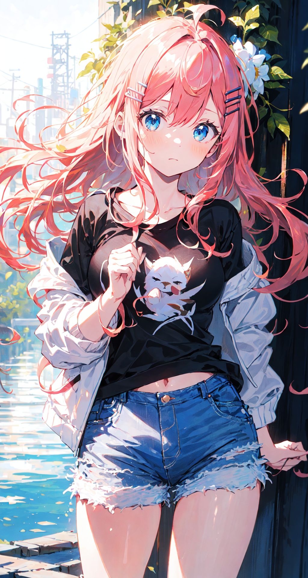 [(white background:1.4)::10], [(Lake and forest background:1.2):5]+++(databook:1.4), (concept art:1.2),(double v:1.2),+++++masterpiece,loli,petite,medium breast,(panorama:1.2),caustics,best quality,beautiful detailed eyes,(pink hair),wavy hair,disheveled hair, messy hair, long bangs, hairs between eyes, extremely detailed, floating hair,(black short shorts),solo, best quality, masterpiece, highres, original, extremely detailed wallpaper,{an extremely delicate and beautiful}++++loose clothes,(black t-shirt:1.4),(white open jacket:1.2),++,hairclip+/*/*/*++(floral print:1.2)+/*/*/*+++blue eyes, {beautiful eyes},solo,