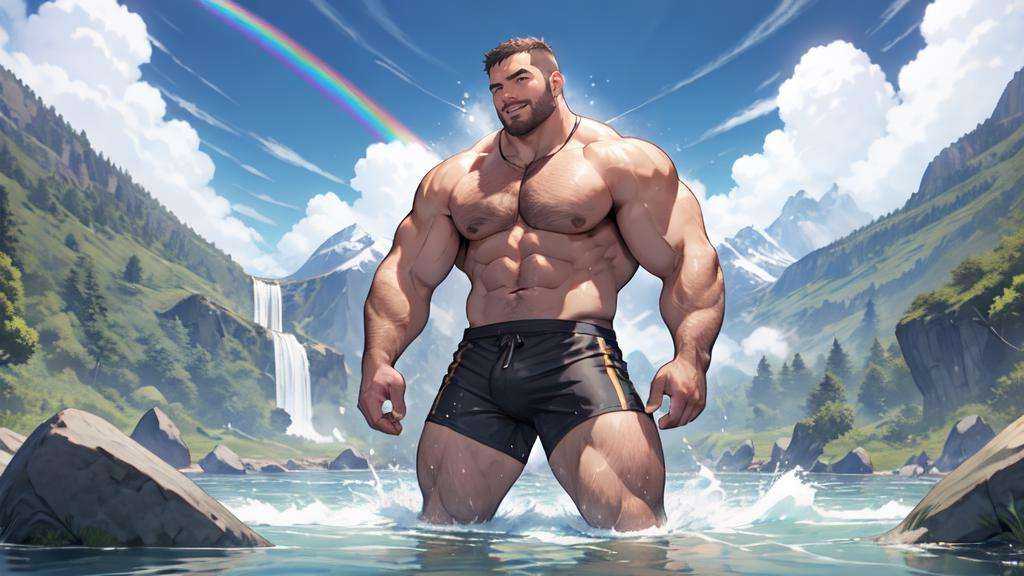Best quality, masterpiece, ultra high res, detailed background, game_cg, muscular male, (mature male:1.3), (male focus:1.3), solo, (bara:1.3), bara daddy, (thick thighs:1.2), (thick arms:1.2), crew cut, standing on the rock, large breasts, full body, water, Gorgeous spray, The raging waves, Beautiful sky, Gorgeous Palace, Lotus, lotus leaf, Rock, Rainbow, Waterfall, topless, white socks, sneakers, looking at viewer, <lyco:NiJiMale-16:0.4>, 