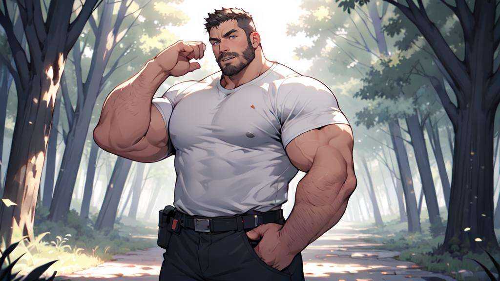 Best quality, masterpiece, ultra high res, detailed background, game_cg, muscular male, mature male, bara stocky, thick arms, thick thighs, White T-Shirt, Panicked expression, Mouth open, In the night, in the forest, Ghosts, Hands up, <lyco:NiJiMaleV2-10:0.5>, <lyco:GoodHands-beta2:1>, 
