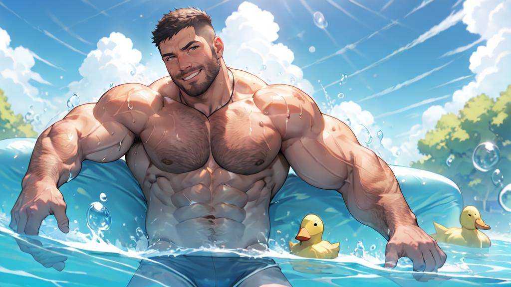 mature male, muscular man, male focus, best quality, (looking at viewer), solo, sweat, abs, pecs, cloud, blue sky, in the pool, sweat, (Little yellow duck in the water), full body, topless, masterpiece, beard, bubble, sunlight, rainbow, fade haircut, ( bouncy castle), men's briefs, bara stocky,   <lyco:NiJiMale-16:0.4>