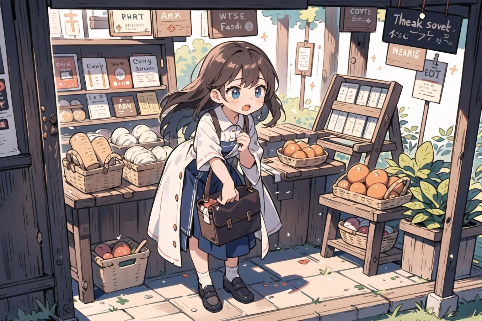 masterpiece,best quality,from_above,dutch_angle,full_body,facing to the side,1girl,market_stall,wicker_basket,shouting,leaning_forward,hands on counter,